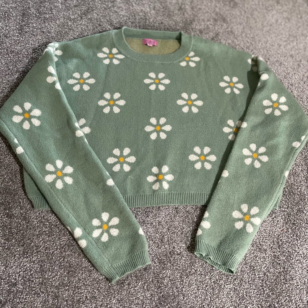 Mi Ami for Francesca's Sage Green Daisy Floral Cropped Knit Sweater Women Medium